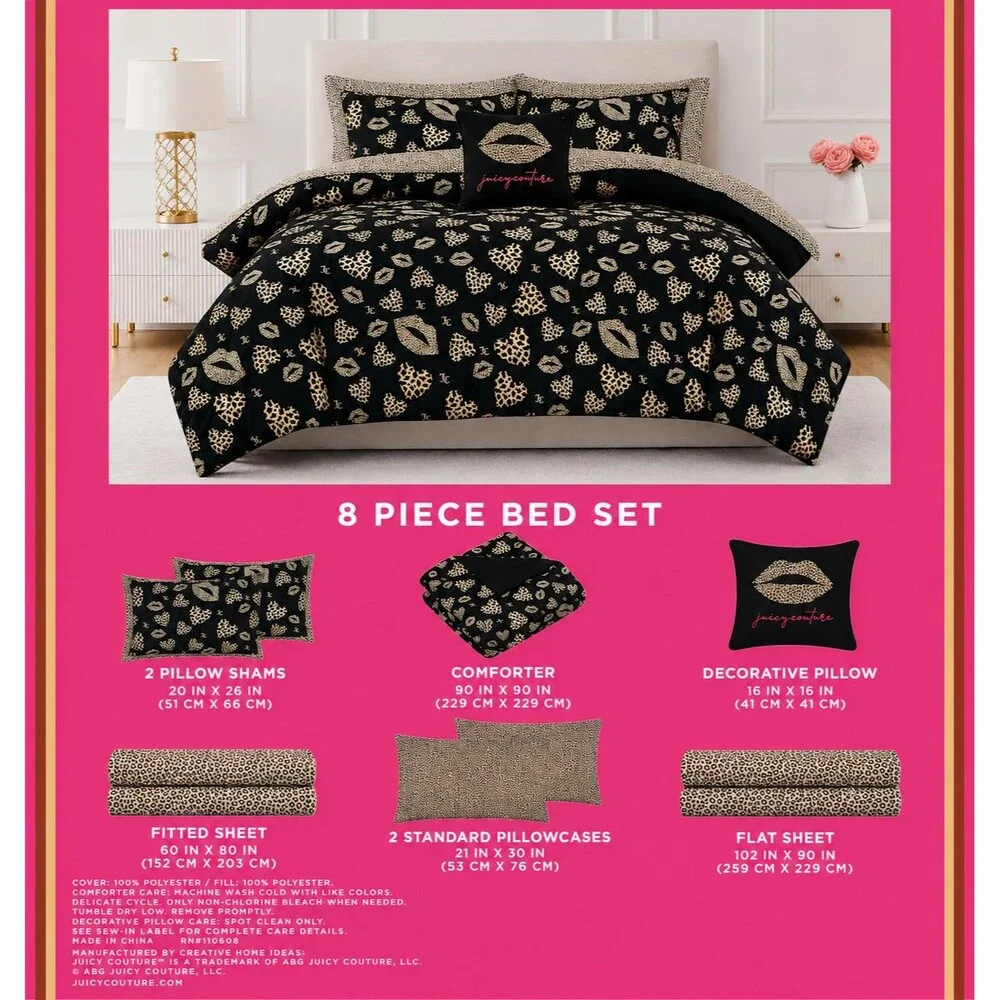 Juicy Couture Queen 8 Piece Bed Set Leopard Lips Comforter Sheet Set NWT